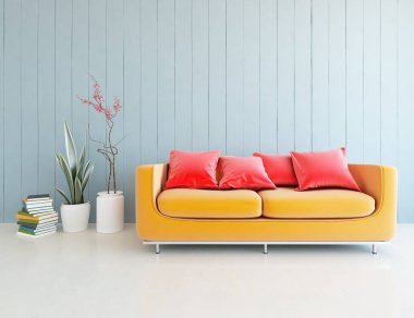 Oturma odasının içinde kanepe, ahşap zeminde güneş ışığı, büyük bir duvarda dekor. Renkli elementlerin iç mimarisi ile kuzeye dönük. 3B illüstrasyon