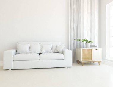 Oturma odasının içinde kanepe, ahşap zeminde güneş ışığı, büyük bir duvarda dekor. İç mekan olarak İskandinav tarzı. 3B illüstrasyon