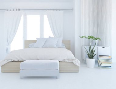 Yatak odasının içinde yatak odası, ahşap zeminde güneş ışığı, büyük bir duvarda dekor. Renkli elementlerin iç mimarisi ile kuzeye dönük. 3B illüstrasyon