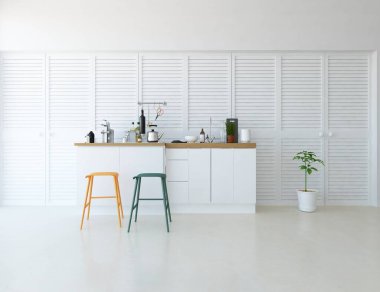 Geniş bir mutfak odası, yemek mobilyaları ve büyük duvarları var. Renkli elementlerin iç mimarisi ile kuzeye dönük. 3B illüstrasyon