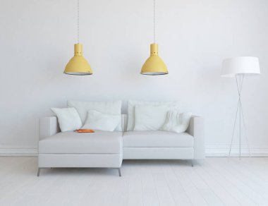 Oturma odasının içinde kanepe, ahşap zeminde güneş ışığı, büyük bir duvarda dekor. Renkli elementlerin iç mimarisi ile kuzeye dönük. 3B illüstrasyon