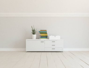 Geniş bir İskandinav aydınlatma odası fikri. Büyük bir duvarı var. Arkaplan iç mimarisi. Minimalist ev fikri iç mekan. 3B illüstrasyon