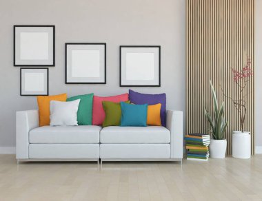 Oturma odasının içinde kanepe, ahşap zeminde güneş ışığı, büyük bir duvarda dekor. Renkli elementlerin iç mimarisi ile kuzeye dönük. 3B illüstrasyon