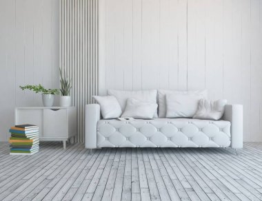 Oturma odasının içinde kanepe, ahşap zeminde güneş ışığı, büyük bir duvarda dekor. İç mekan olarak İskandinav tarzı. 3B illüstrasyon