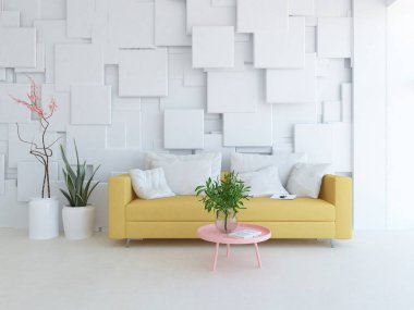 Oturma odasının içinde kanepe, ahşap zeminde güneş ışığı, büyük bir duvarda dekor. Renkli elementlerin iç mimarisi ile kuzeye dönük. 3B illüstrasyon