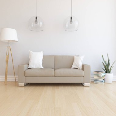 Oturma odasının içinde kanepe, ahşap zeminde güneş ışığı, büyük bir duvarda dekor. Renkli elementlerin iç mimarisi ile kuzeye dönük. 3B illüstrasyon