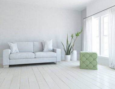 Oturma odasının içinde kanepe, ahşap zeminde güneş ışığı, büyük bir duvarda dekor. Renkli elementlerin iç mimarisi ile kuzeye dönük. 3B illüstrasyon