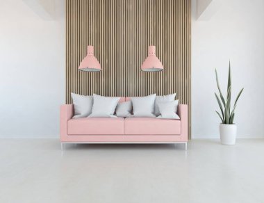 Oturma odasının içinde kanepe, ahşap zeminde güneş ışığı, büyük bir duvarda dekor. Renkli elementlerin iç mimarisi ile kuzeye dönük. 3B illüstrasyon