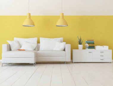 Sarı oturma odasının içinde kanepe, ahşap zeminde güneş ışığı, büyük bir duvarda dekor. Renkli elementlerin iç mimarisi ile kuzeye dönük. 3B illüstrasyon