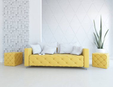 Oturma odasının içinde kanepe, ahşap zeminde güneş ışığı, büyük bir duvarda dekor. Renkli elementlerin iç mimarisi ile kuzeye dönük. 3B illüstrasyon