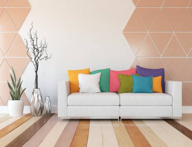 Oturma odasının içinde kanepe, ahşap zeminde güneş ışığı, büyük bir duvarda dekor. Renkli elementlerin iç mimarisi ile kuzeye dönük. 3B illüstrasyon