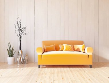 Oturma odasının içinde kanepe, ahşap zeminde güneş ışığı, büyük bir duvarda dekor. Renkli elementlerin iç mimarisi ile kuzeye dönük. 3B illüstrasyon