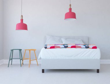 Yatak odasının içinde yatak odası, ahşap zeminde güneş ışığı, büyük bir duvarda dekor. Renkli elementlerin iç mimarisi ile kuzeye dönük. 3B illüstrasyon