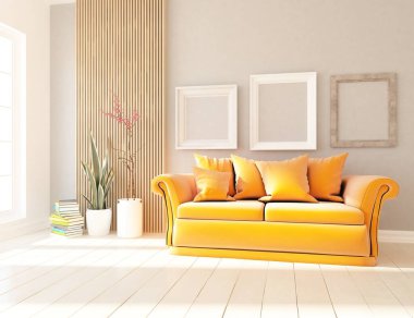 Oturma odasının içinde kanepe, ahşap zeminde güneş ışığı, büyük bir duvarda dekor. Renkli elementlerin iç mimarisi ile kuzeye dönük. 3B illüstrasyon