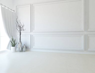 Geniş bir İskandinav aydınlatma odası fikri. Büyük bir duvarı var. Arkaplan iç mimarisi. Minimalist ev fikri iç mekan. 3B illüstrasyon