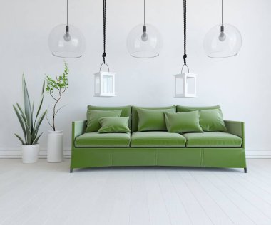 Oturma odasının içinde kanepe, ahşap zeminde güneş ışığı, büyük bir duvarda dekor. Renkli elementlerin iç mimarisi ile kuzeye dönük. 3B illüstrasyon