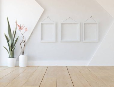 Geniş bir İskandinav aydınlatma odası fikri. Büyük bir duvarı var. Arkaplan iç mimarisi. Minimalist ev fikri iç mekan. 3B illüstrasyon