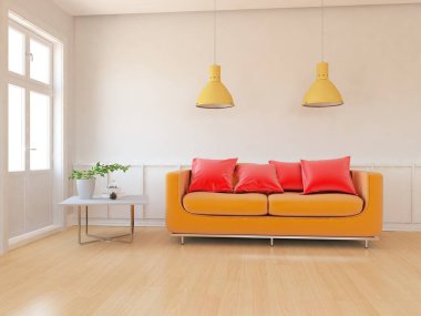 Oturma odasının içinde kanepe, ahşap zeminde güneş ışığı, büyük bir duvarda dekor. Renkli elementlerin iç mimarisi ile kuzeye dönük. 3B illüstrasyon