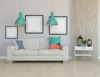 Oturma odasının içinde kanepe, ahşap zeminde güneş ışığı, büyük bir duvarda dekor. Renkli elementlerin iç mimarisi ile kuzeye dönük. 3B illüstrasyon