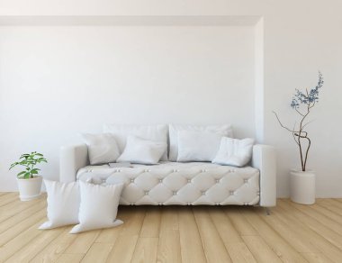 Oturma odasının içinde kanepe, ahşap zeminde güneş ışığı, büyük bir duvarda dekor. İç mekan olarak İskandinav tarzı. 3B illüstrasyon