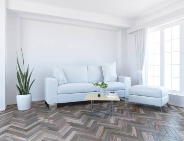 Oturma odasının içinde kanepe, ahşap zeminde güneş ışığı, büyük bir duvarda dekor. Renkli elementlerin iç mimarisi ile kuzeye dönük. 3B illüstrasyon