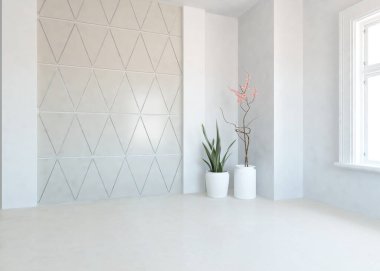 Geniş bir İskandinav aydınlatma odası fikri. Büyük bir duvarı var. Arkaplan iç mimarisi. Minimalist ev fikri iç mekan. 3B illüstrasyon