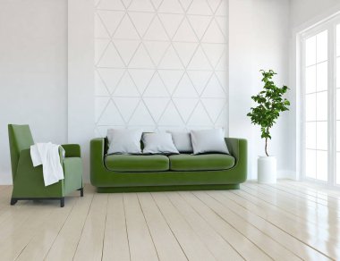 Oturma odasının içinde kanepe, ahşap zeminde güneş ışığı, büyük bir duvarda dekor. Renkli elementlerin iç mimarisi ile kuzeye dönük. 3B illüstrasyon