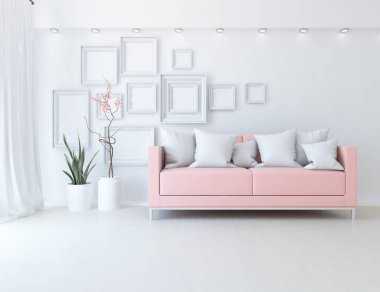 Oturma odasının içinde kanepe, ahşap zeminde güneş ışığı, büyük bir duvarda dekor. Renkli elementlerin iç mimarisi ile kuzeye dönük. 3B illüstrasyon