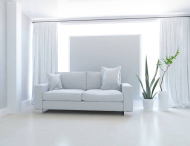 Oturma odasının içinde kanepe, ahşap zeminde güneş ışığı, büyük bir duvarda dekor. İç mekan olarak İskandinav tarzı. 3B illüstrasyon