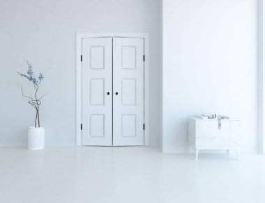 Geniş bir İskandinav aydınlatma odası fikri. Büyük bir duvarı var. Arkaplan iç mimarisi. Minimalist ev fikri iç mekan. 3B illüstrasyon