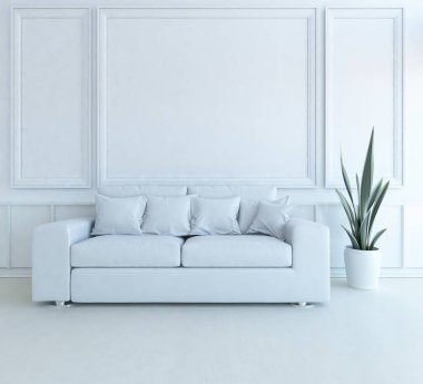 Oturma odasının içinde kanepe, ahşap zeminde güneş ışığı, büyük bir duvarda dekor. İç mekan olarak İskandinav tarzı. 3B illüstrasyon