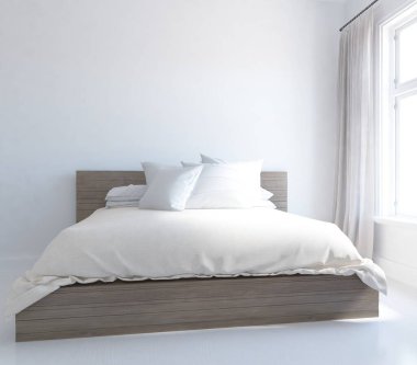 Yatak odasının içinde yatak odası, ahşap zeminde güneş ışığı, büyük bir duvarda dekor. Renkli elementlerin iç mimarisi ile kuzeye dönük. 3B illüstrasyon