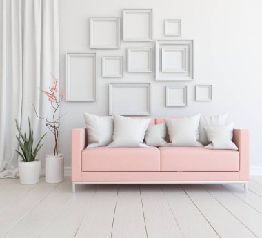 Oturma odasının içinde kanepe, ahşap zeminde güneş ışığı, büyük bir duvarda dekor. Renkli elementlerin iç mimarisi ile kuzeye dönük. 3B illüstrasyon