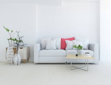 Oturma odasının içinde kanepe, ahşap zeminde güneş ışığı, büyük bir duvarda dekor. Renkli elementlerin iç mimarisi ile kuzeye dönük. 3B illüstrasyon