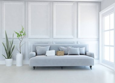 Oturma odasının içinde kanepe, ahşap zeminde güneş ışığı, büyük bir duvarda dekor. Renkli elementlerin iç mimarisi ile kuzeye dönük. 3B illüstrasyon