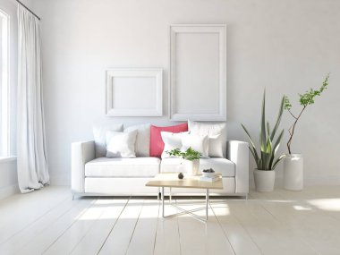 Oturma odasının içinde kanepe, ahşap zeminde güneş ışığı, büyük bir duvarda dekor. Renkli elementlerin iç mimarisi ile kuzeye dönük. 3B illüstrasyon