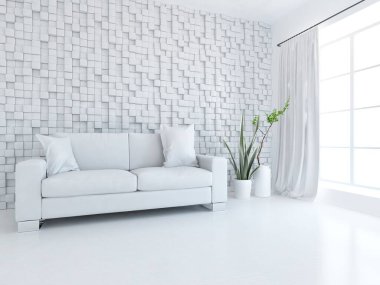 Oturma odasının içinde kanepe, ahşap zeminde güneş ışığı, büyük bir duvarda dekor. İç mekan olarak İskandinav tarzı. 3B illüstrasyon