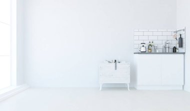 Geniş bir mutfak odası, yemek mobilyaları ve büyük duvarları var. Renkli elementlerin iç mimarisi ile kuzeye dönük. 3B illüstrasyon