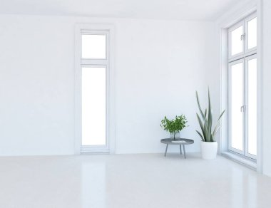 Geniş bir İskandinav aydınlatma odası fikri. Büyük bir duvarı var. Arkaplan iç mimarisi. Minimalist ev fikri iç mekan. 3B illüstrasyon