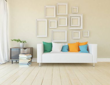 Oturma odasının içinde kanepe, ahşap zeminde güneş ışığı, büyük bir duvarda dekor. Renkli elementlerin iç mimarisi ile kuzeye dönük. 3B illüstrasyon