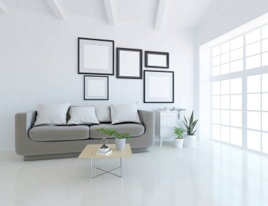 Oturma odasının içinde kanepe, ahşap zeminde güneş ışığı, büyük bir duvarda dekor. Renkli elementlerin iç mimarisi ile kuzeye dönük. 3B illüstrasyon