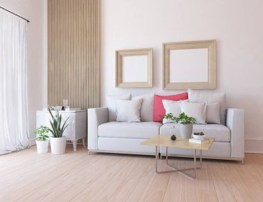 Oturma odasının içinde kanepe, ahşap zeminde güneş ışığı, büyük bir duvarda dekor. Renkli elementlerin iç mimarisi ile kuzeye dönük. 3B illüstrasyon