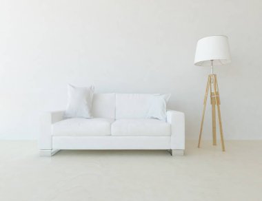 Oturma odasının içinde kanepe, ahşap zeminde güneş ışığı, büyük bir duvarda dekor. İç mekan olarak İskandinav tarzı. 3B illüstrasyon