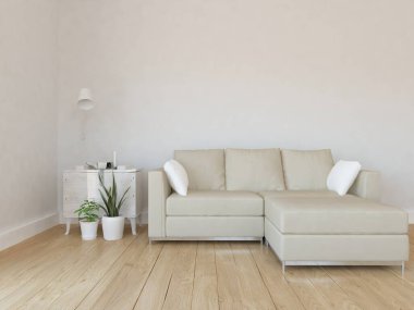 Oturma odasının içinde kanepe, ahşap zeminde güneş ışığı, büyük bir duvarda dekor. Renkli elementlerin iç mimarisi ile kuzeye dönük. 3B illüstrasyon