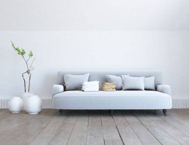 Oturma odasının içinde kanepe, ahşap zeminde güneş ışığı, büyük bir duvarda dekor. Renkli elementlerin iç mimarisi ile kuzeye dönük. 3B illüstrasyon