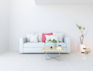 Oturma odasının içinde kanepe, ahşap zeminde güneş ışığı, büyük bir duvarda dekor. Renkli elementlerin iç mimarisi ile kuzeye dönük. 3B illüstrasyon