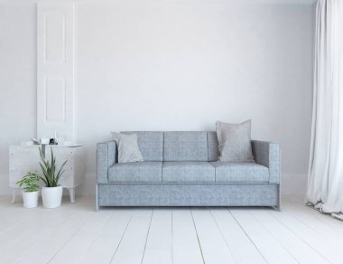 Oturma odasının içinde kanepe, ahşap zeminde güneş ışığı, büyük bir duvarda dekor. Renkli elementlerin iç mimarisi ile kuzeye dönük. 3B illüstrasyon