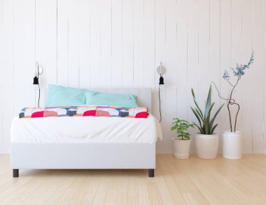 Yatak odasının içinde yatak odası, ahşap zeminde güneş ışığı, büyük bir duvarda dekor. Renkli elementlerin iç mimarisi ile kuzeye dönük. 3B illüstrasyon