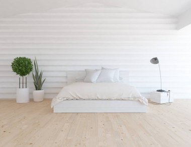 Yatak odasının içinde yatak odası, ahşap zeminde güneş ışığı, büyük bir duvarda dekor. Renkli elementlerin iç mimarisi ile kuzeye dönük. 3B illüstrasyon