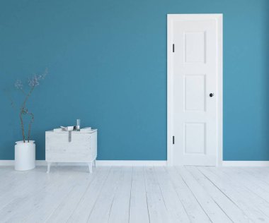 Geniş bir İskandinav mavi oda fikri. Büyük bir duvarı var. Arkaplan iç mimarisi. Minimalist ev fikri iç mekan. 3B illüstrasyon